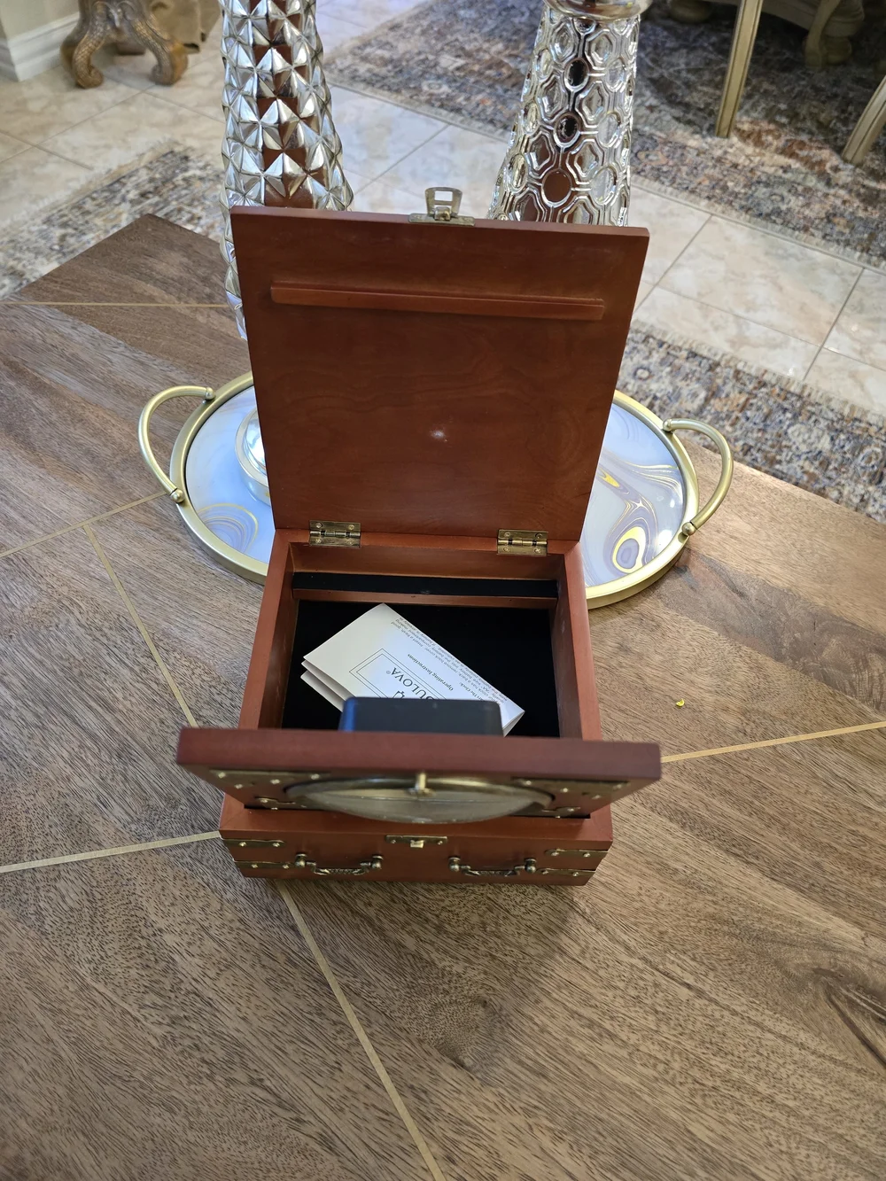 Bulova Wooden Box Wall Clock in Brown with Brass Accents